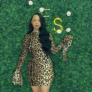 Leopard Stretch Bell Sleeve Mini Dress